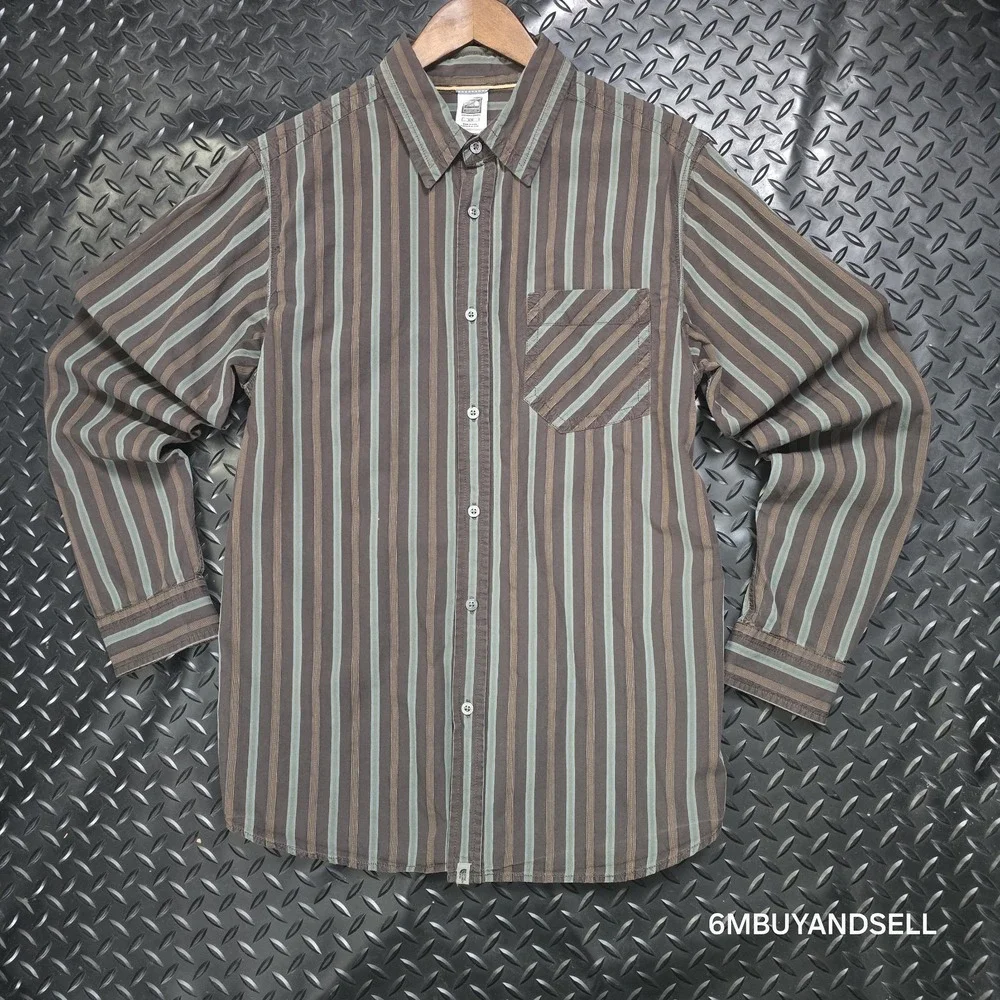 The North Face A5 Series Mens Med Brown Green Striped Cotton‎ Button Down Shirt